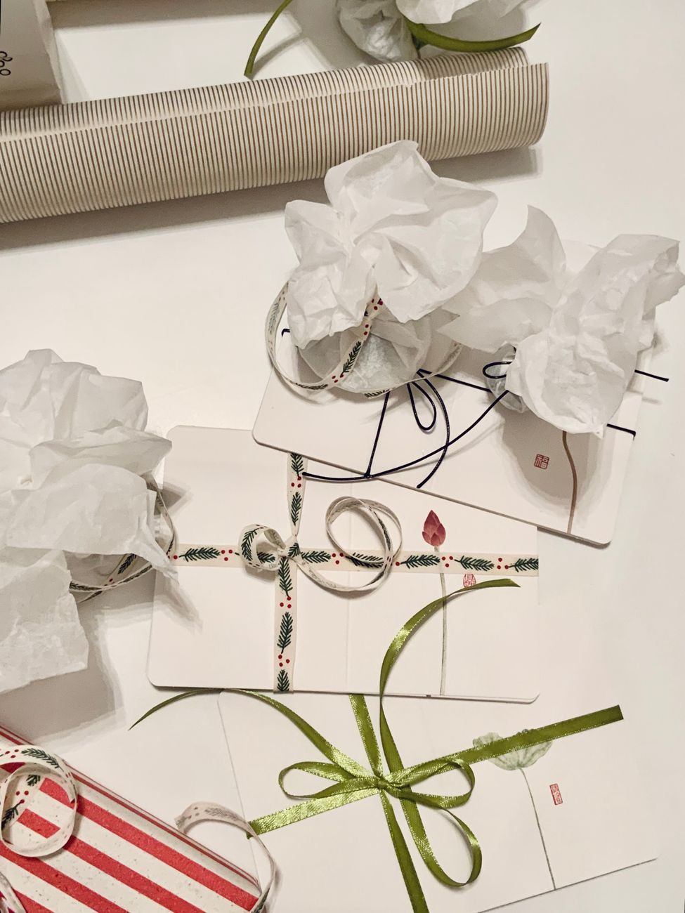 Traditional noshi paper decoration with red and white folded strips attached to a wrapped gift box with mizuhiki cord.