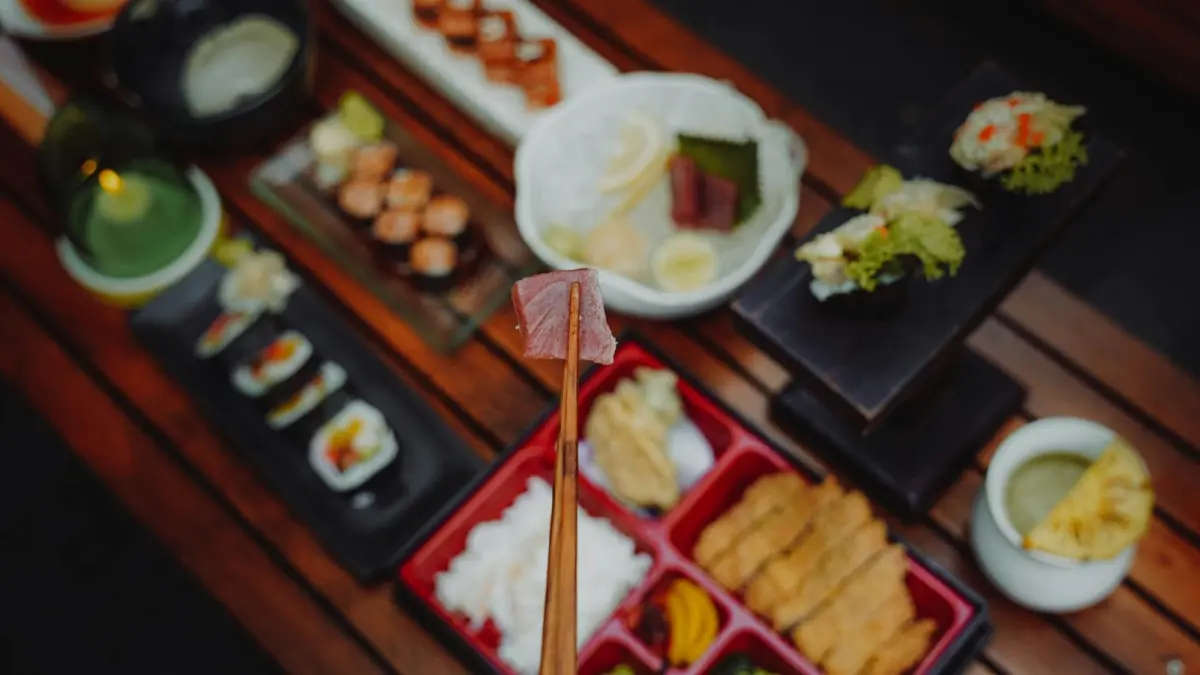 A traditional Japanese meal set out as ichijū-sansai — rice, miso soup and three small side dishes