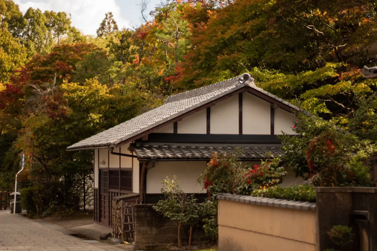 Traditional Japanese home interior with open shoji screens revealing a carefully tended garden displaying vibrant autumn maple leaves.