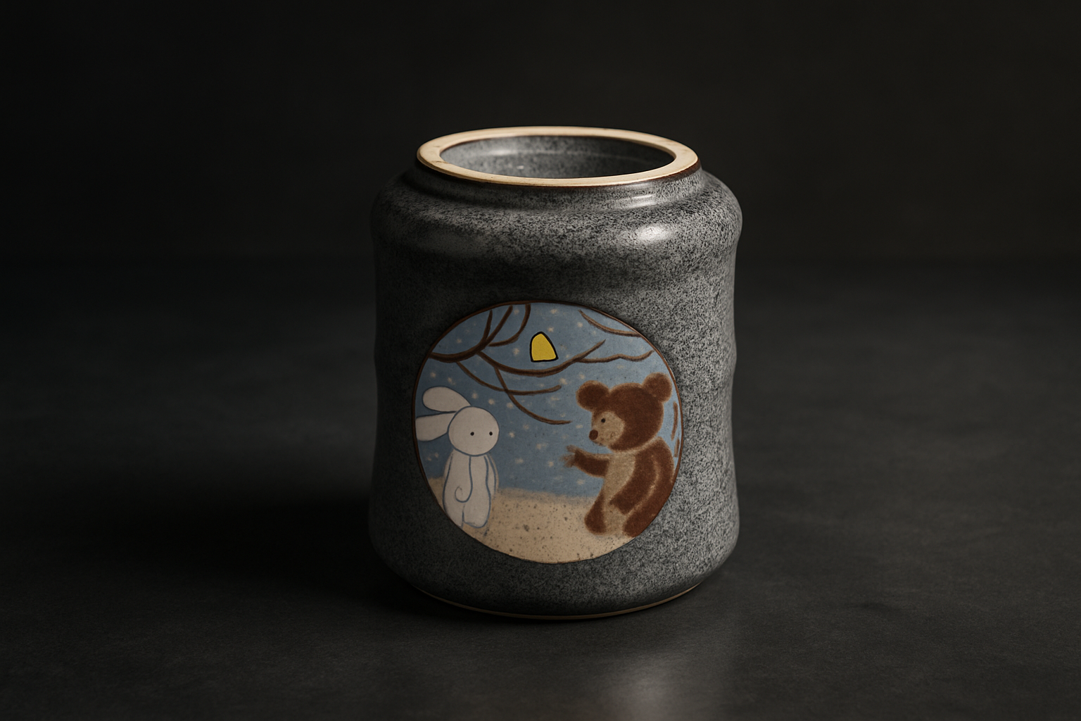 Hands carefully arranging a small collection of Japanese pottery bowls and cups on a wooden shelf at home.
