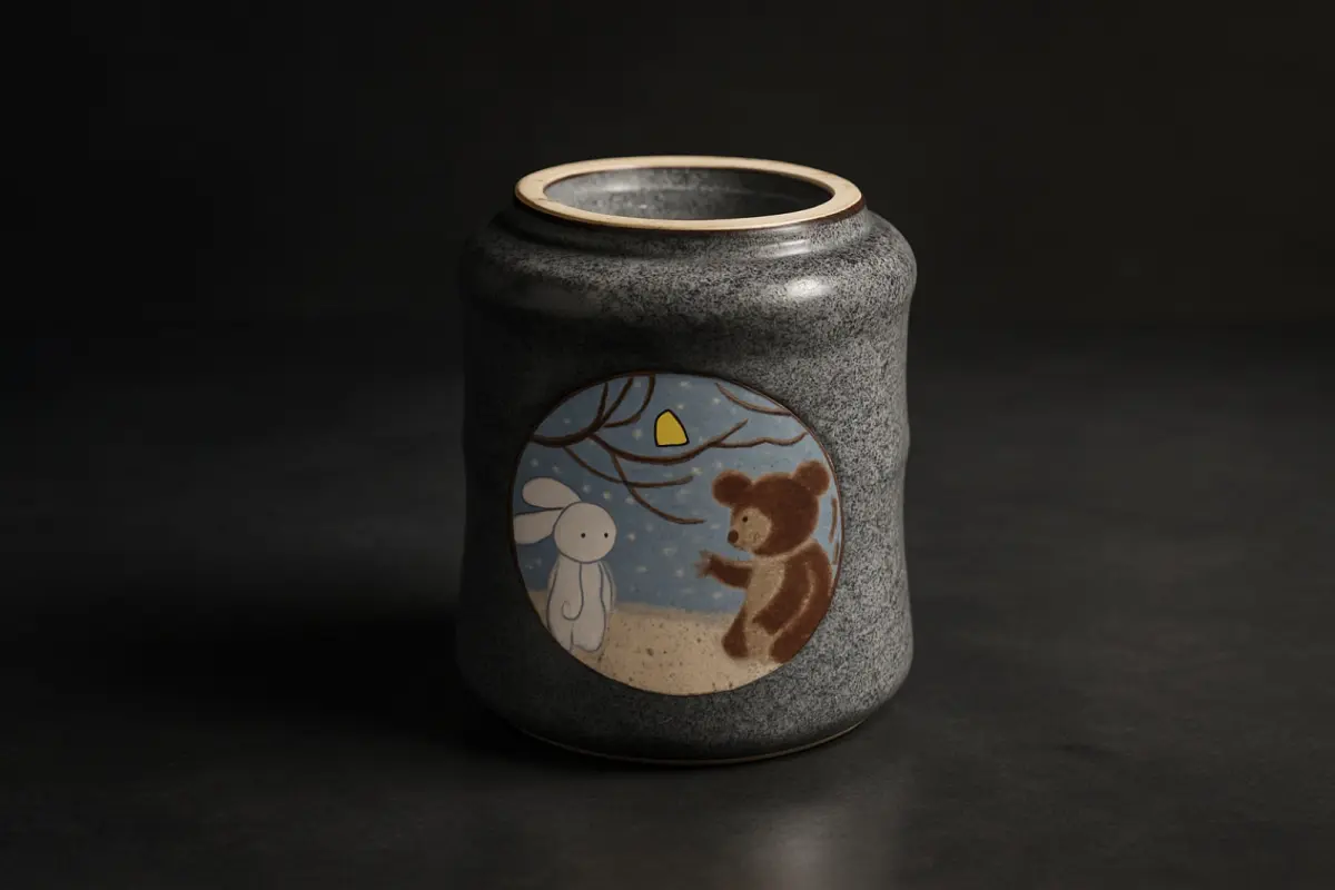 Hands carefully arranging a small collection of Japanese pottery bowls and cups on a wooden shelf at home.