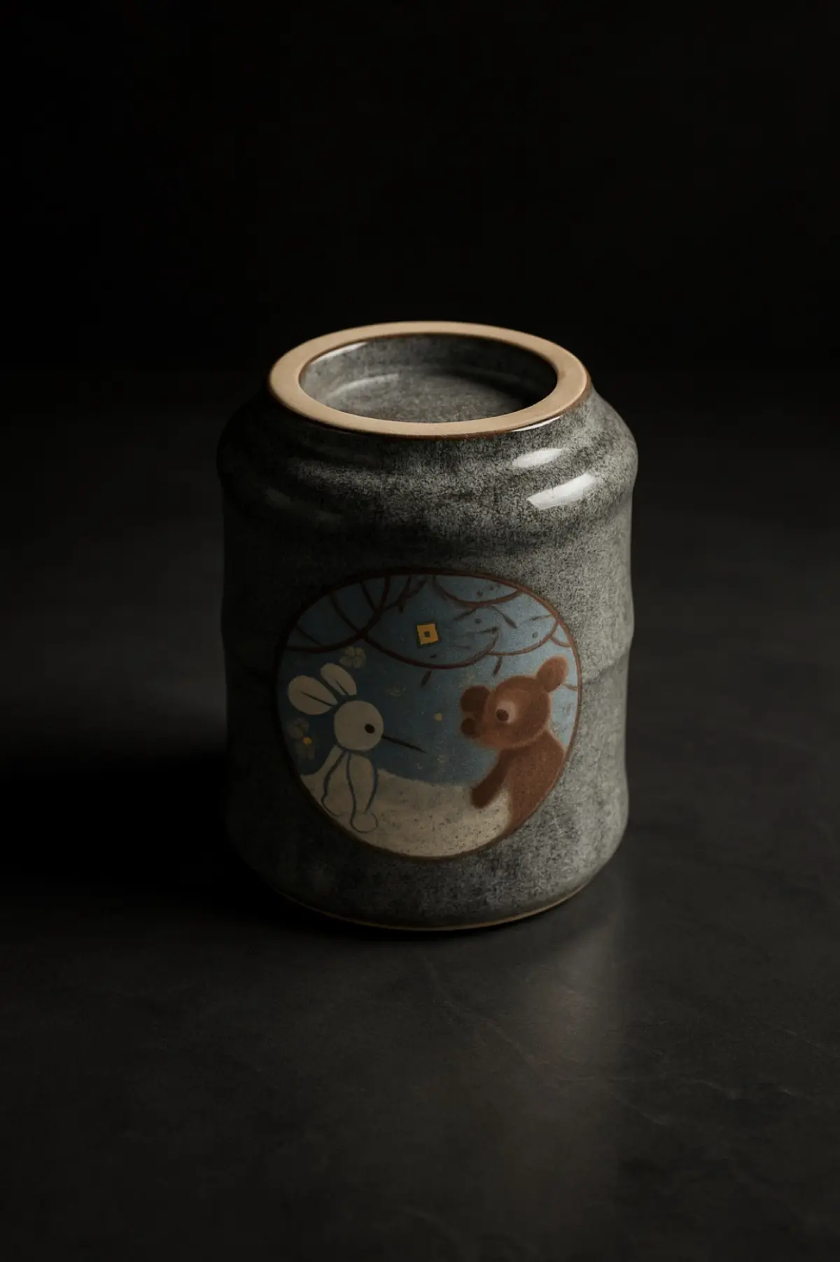 Hands carefully arranging a small collection of Japanese pottery bowls and cups on a wooden shelf at home.