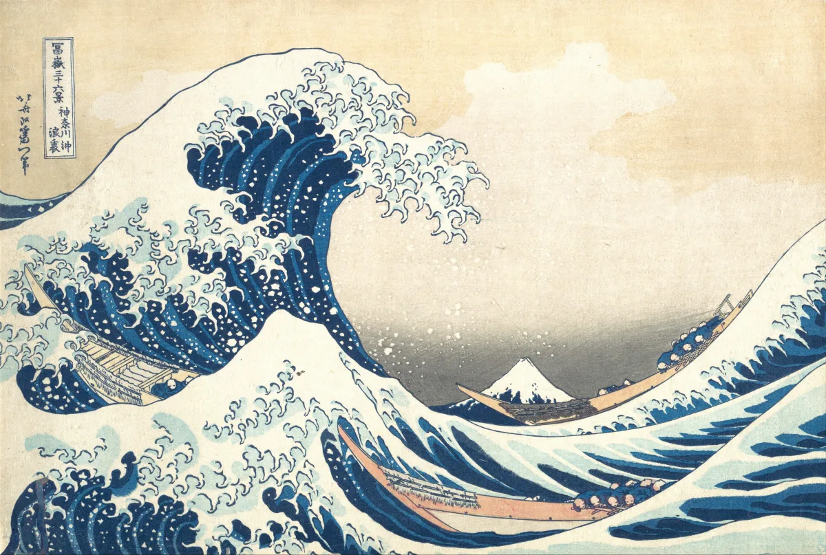 Katsushika Hokusai's iconic woodblock print The Great Wave off Kanagawa with Mount Fuji in the background.