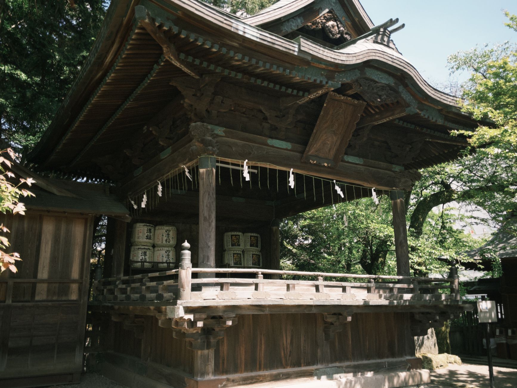 Close-up of interlocking wooden beams joined without nails using traditional Japanese joinery techniques at a temple structure.