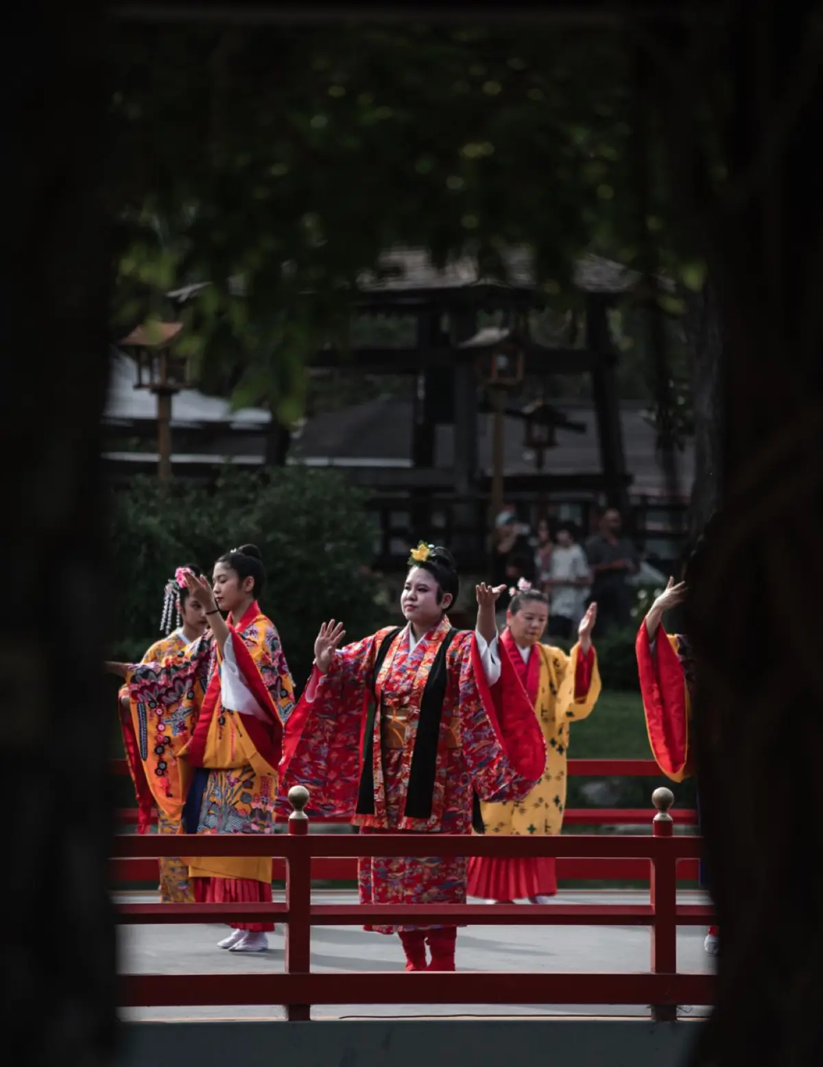 A bustling Edo-period street scene with wooden shops, lanterns and townspeople in kimono