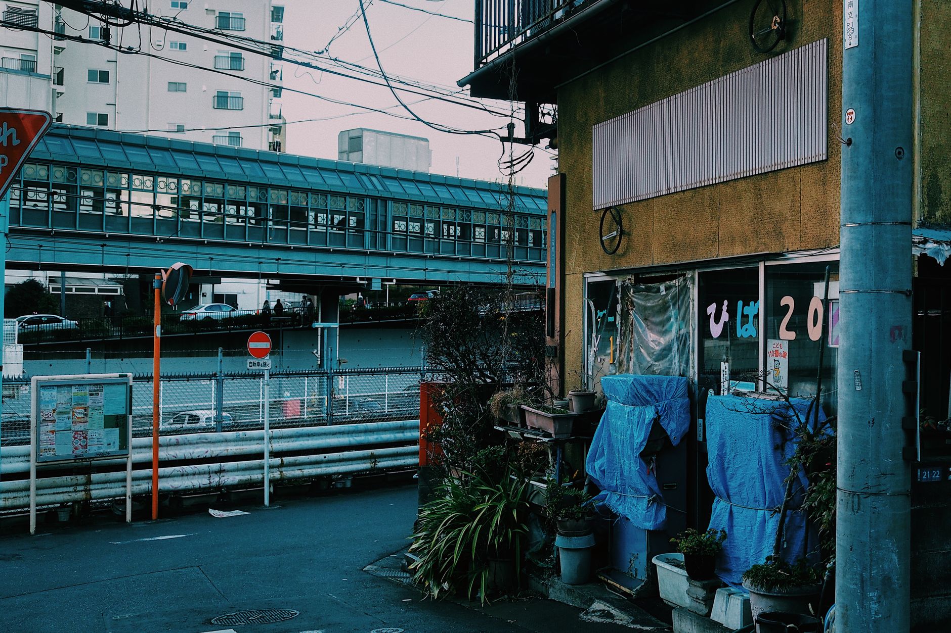 Clean Tokyo residential street with potted plants, bicycles parked neatly, and spotless pavement showing typical Japanese urban neighborhood maintenance.