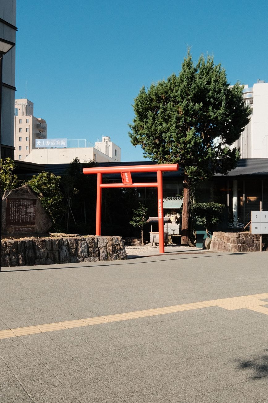 Vermillion torii gate frames a stone path leading to a Shinto shrine, with visitors walking along the left side.