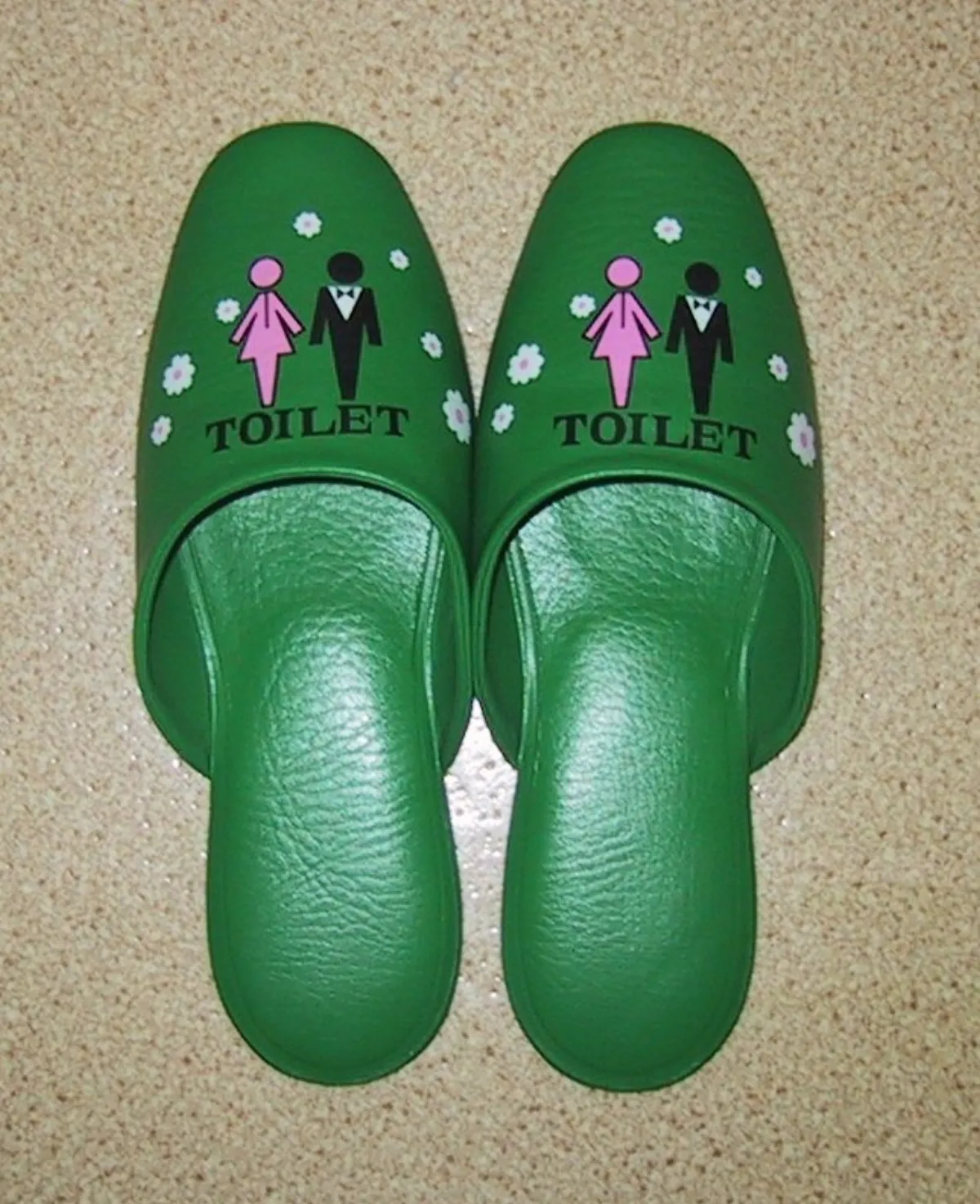 Traditional Japanese toilet slippers placed outside a bathroom door in a home with wooden flooring and tatami mats.