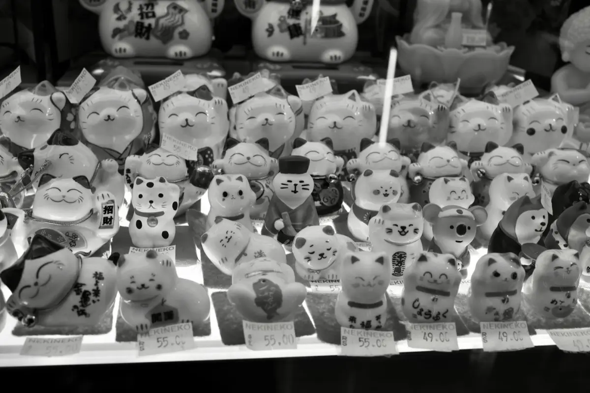A white maneki-neko beckoning cat figurine with a raised paw and a gold coin, in a shop window