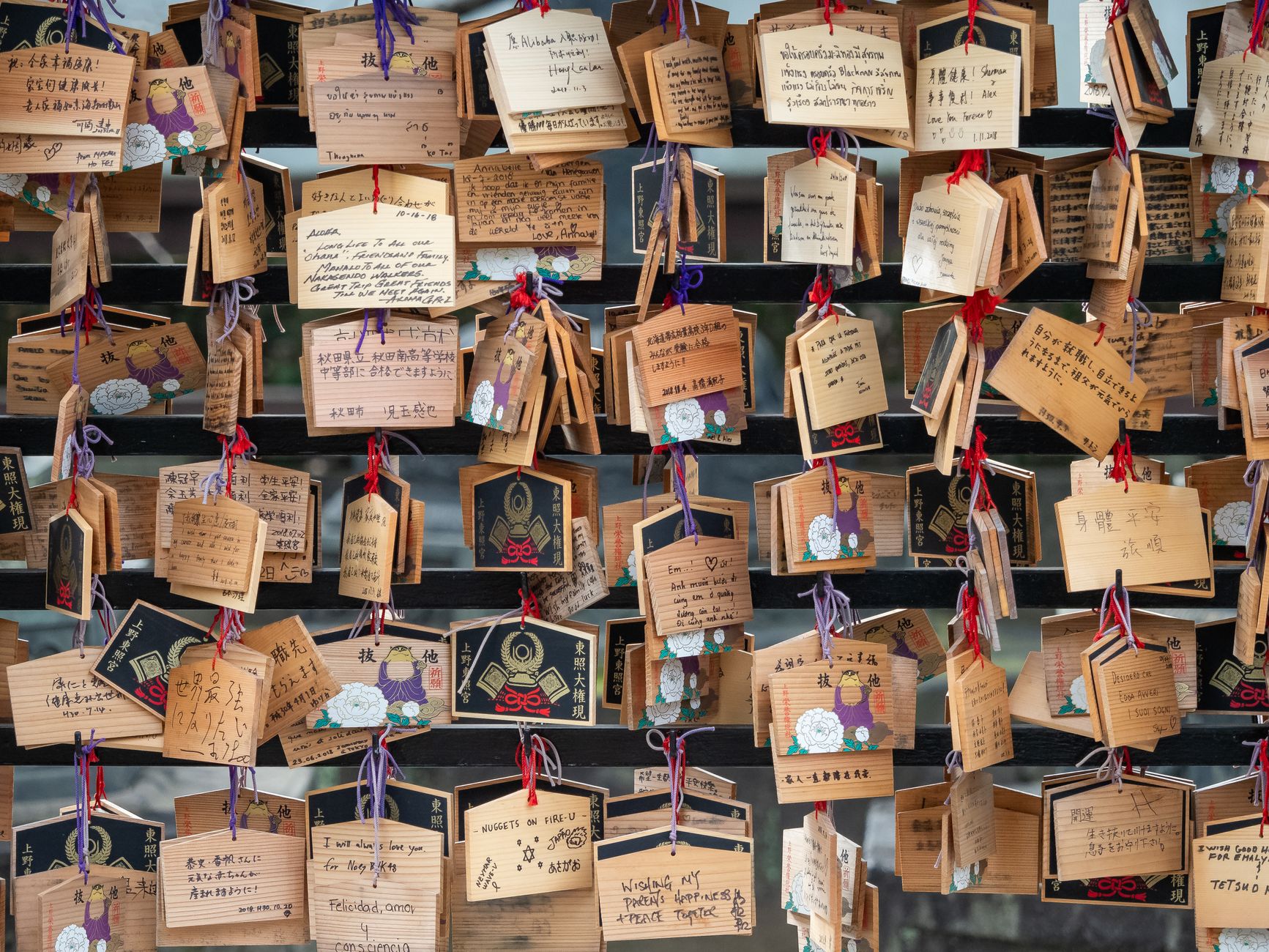 Colorful wooden ema plaques hanging at a Japanese shrine, displaying handwritten wishes and prayers in black ink.