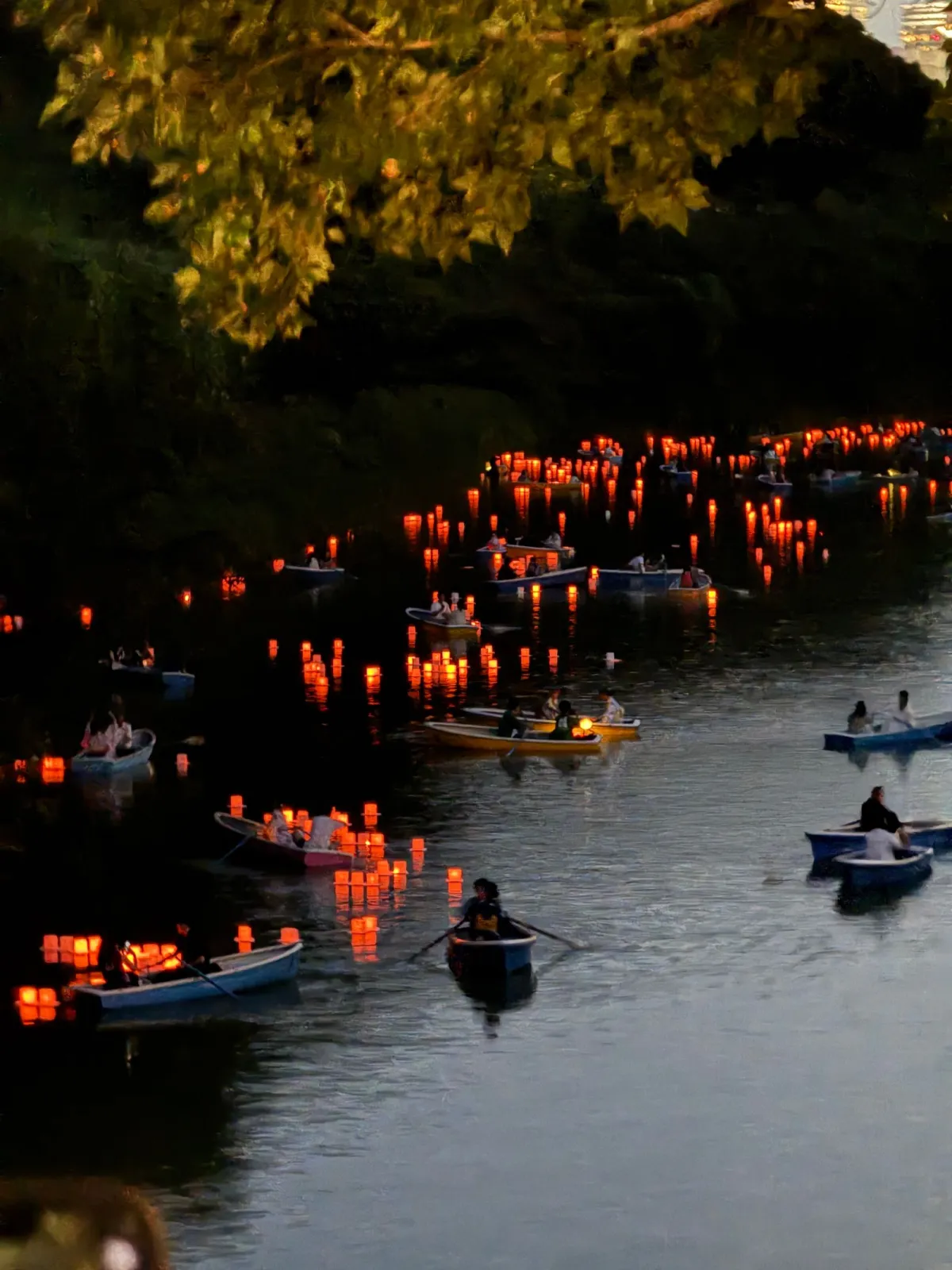 Illuminated paper lanterns floating on dark water at night during a traditional Japanese memorial ceremony.