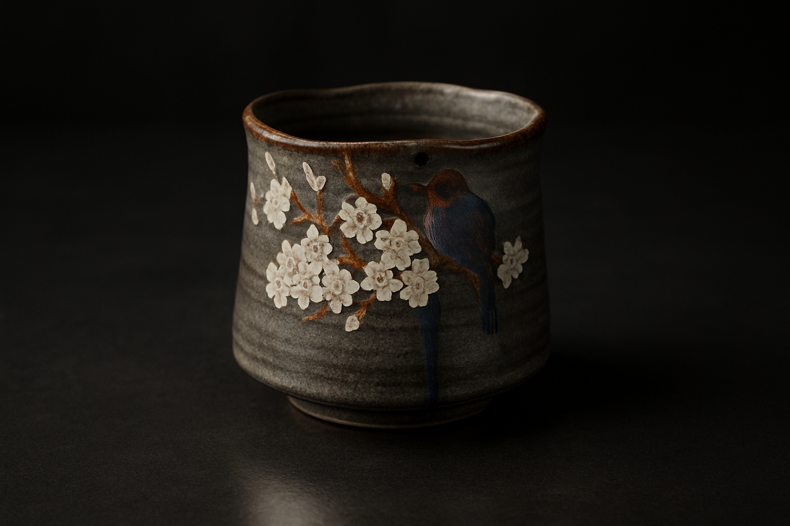 Karatsu ware tea bowl with ash glaze and natural iron markings resting on bamboo mat beside whisked matcha.