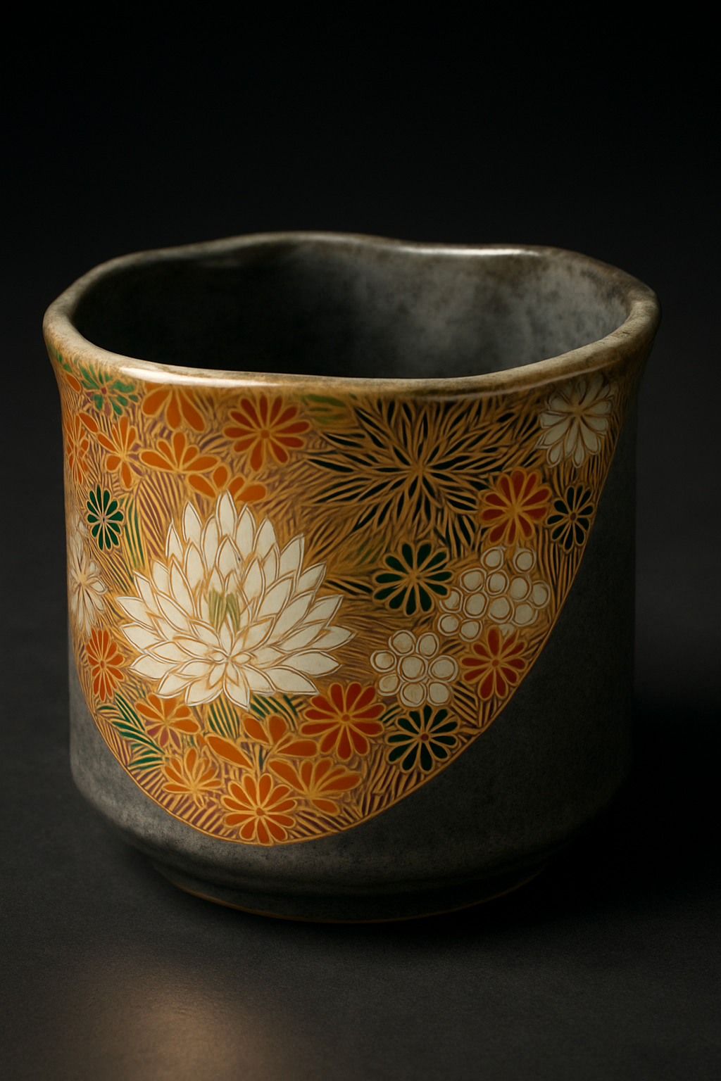 Karatsu ware tea bowl with ash glaze and natural iron markings resting on bamboo mat beside whisked matcha.