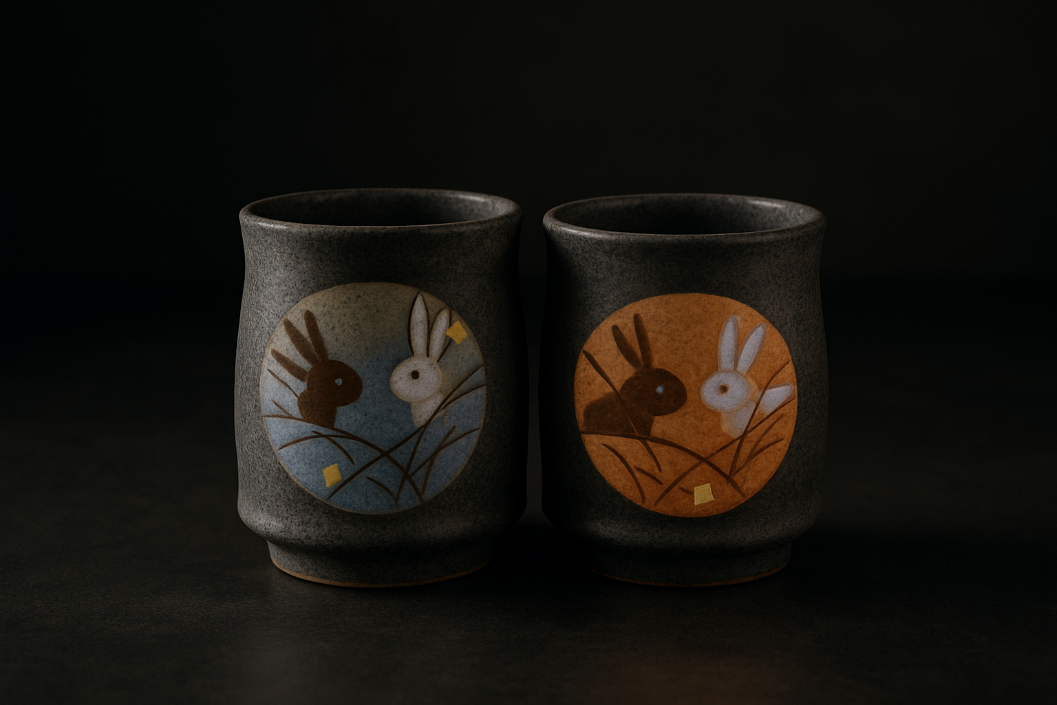 White translucent porcelain bowl beside rough textured stoneware cup showing contrast in Japanese ceramic glazes and finishes.
