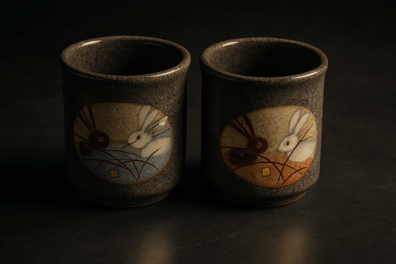 Earthenware pottery bowl with rough texture beside smooth white porcelain cup showing surface and material differences