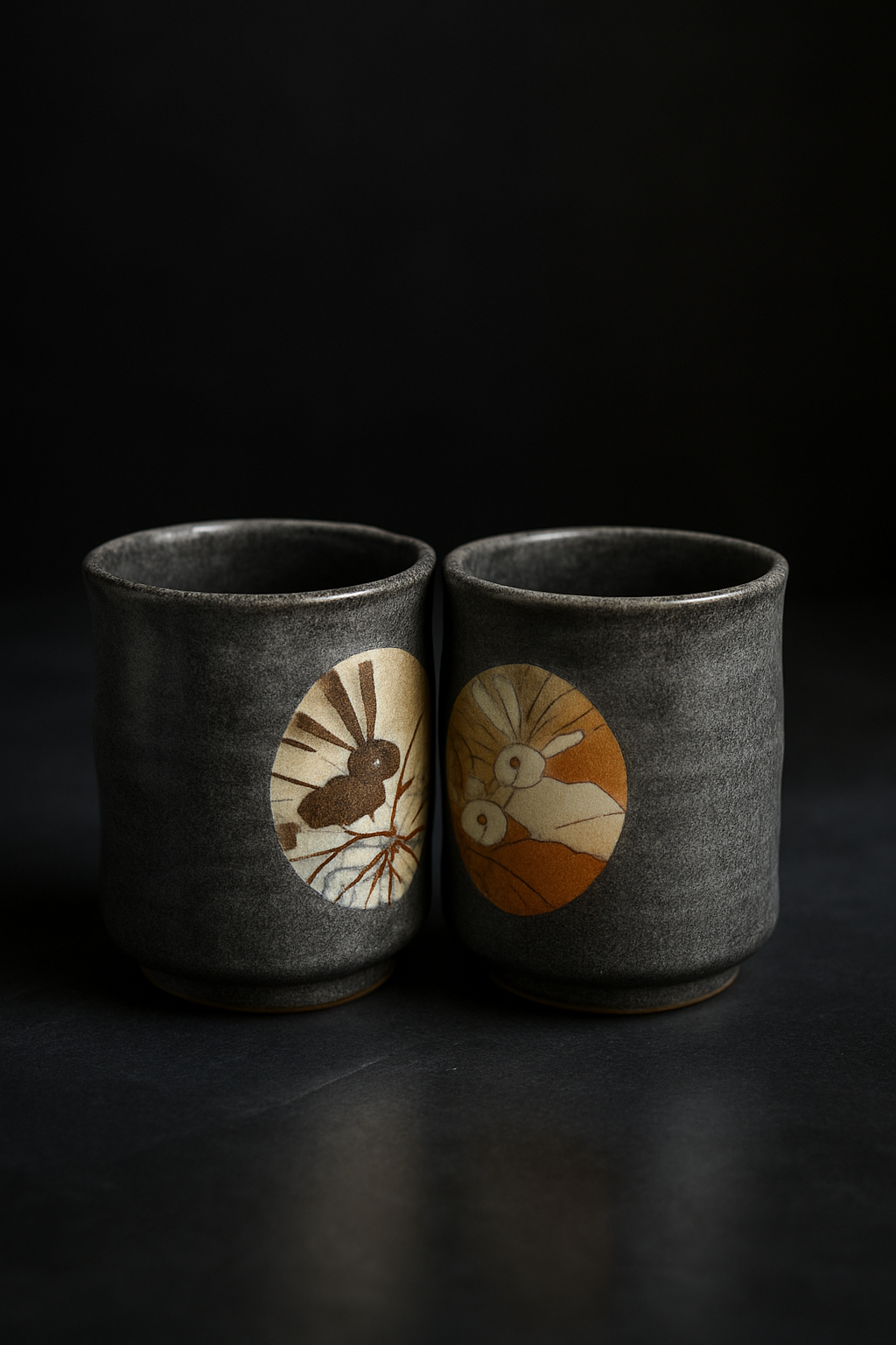 Earthenware pottery bowl with rough texture beside smooth white porcelain cup showing surface and material differences