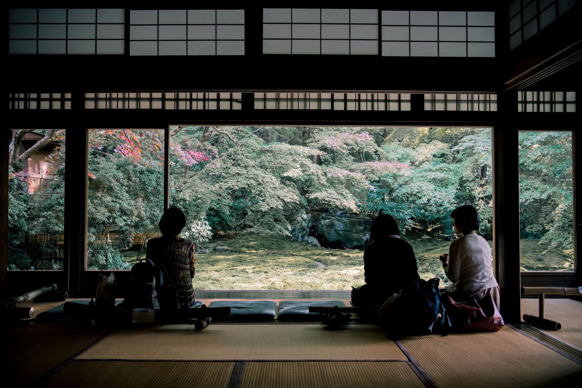 Traditional Japanese tea ceremony practitioner in kimono whisking matcha in a ceramic bowl within a minimalist tatami room.