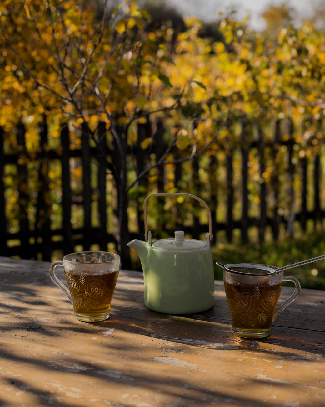 Two ceramic teacups on wooden table, one containing amber hojicha and the other pale green genmaicha with visible rice grains.