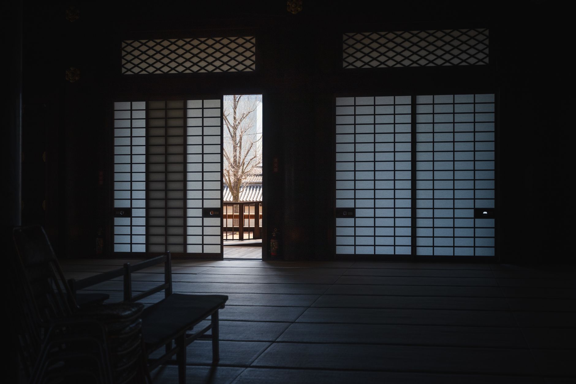 Minimalist Japanese interior with tatami mats, shoji screens, and a single ceramic bowl placed in empty space