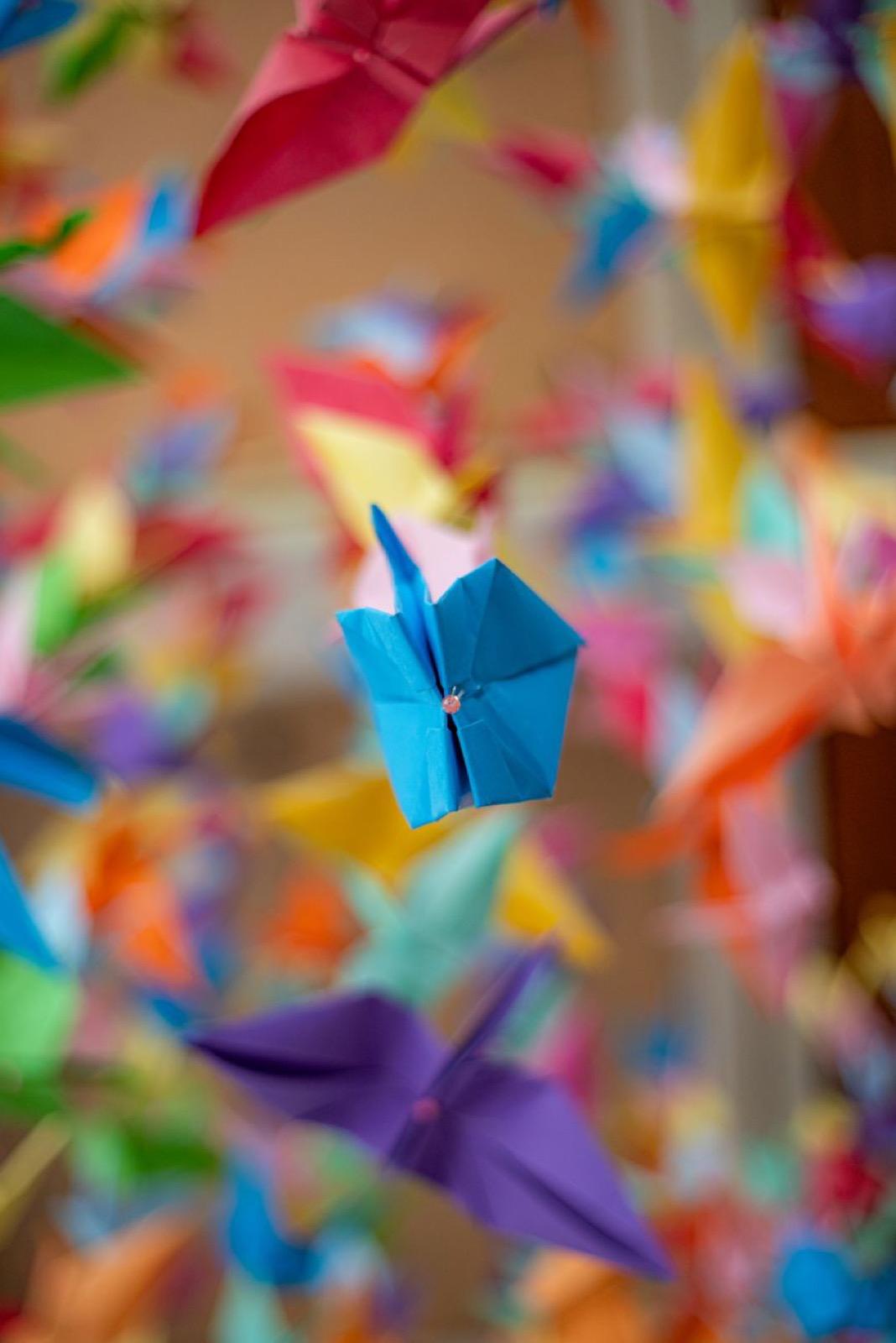 Hands folding a white square of paper into an origami crane on a wooden table with soft natural light